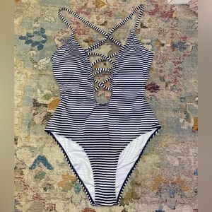 NWT Cupshe Blue And White Striped One Piece Swimsuit Size Medium